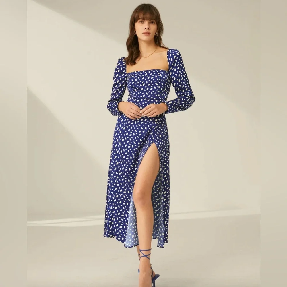 Square Neck Long Sleeve Patterned Slit Dress - Picture 4 of 4